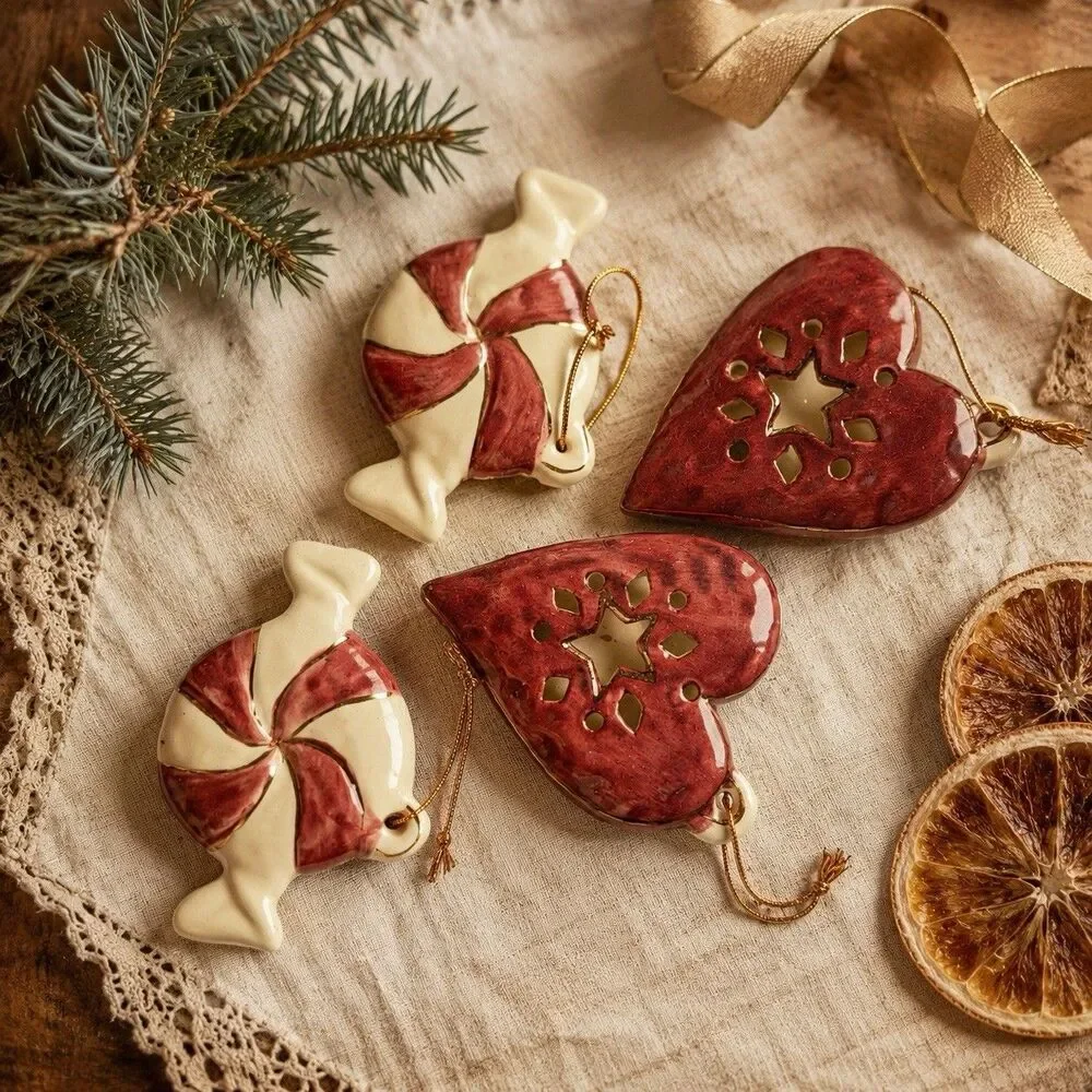Vintage Ceramic Christmas Ornaments Set 4 Peppermint Candy Hearts Hand Painted
